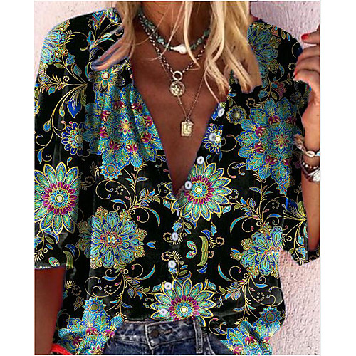 

Women's Blouse Shirt Polka Dot Abstract Long Sleeve Print V Neck Tops Basic Basic Top Blue / Green Black Red