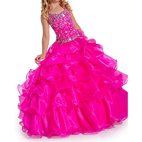 

Ball Gown V Neck Floor Length Organza Bridesmaid Dress with Tier