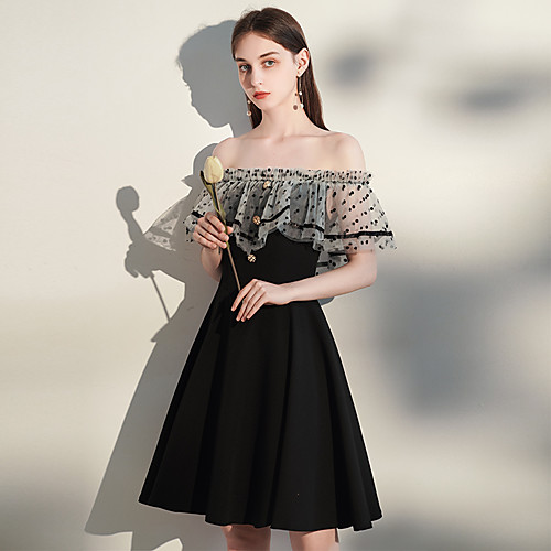 

A-Line Minimalist Vintage Homecoming Cocktail Party Dress Off Shoulder Short Sleeve Knee Length Spandex with Buttons 2021