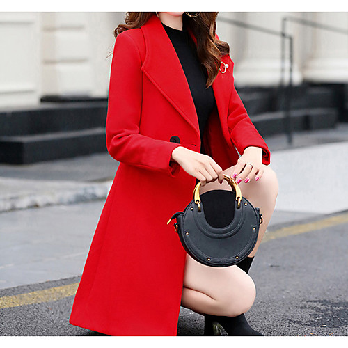 

Women's Solid Colored Basic Fall & Winter Pea Coat Long Daily Long Sleeve Polyster Coat Tops Red