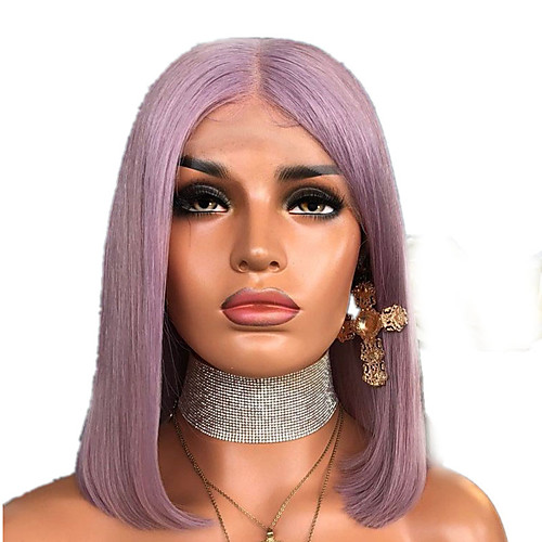 

Synthetic Wig kinky Straight Bob Asymmetrical Wig Medium Length Purple Synthetic Hair 18 inch Women's Classic Middle Part Bob Exquisite Purple