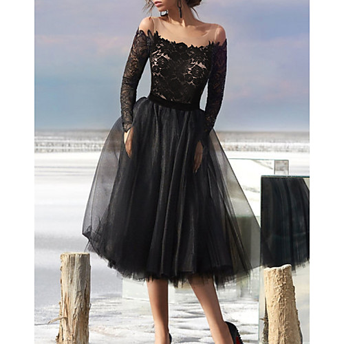 

A-Line Little Black Dress Vintage Homecoming Cocktail Party Dress Illusion Neck Long Sleeve Tea Length Tulle with Pleats Appliques 2021