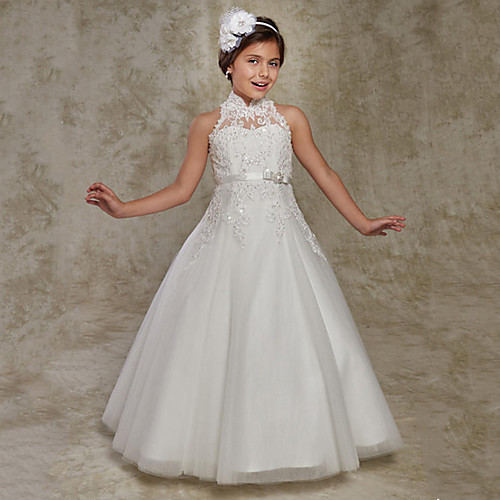 

Princess / Ball Gown Floor Length Wedding / Party Flower Girl Dresses - Lace Sleeveless High Neck with Beading / Appliques