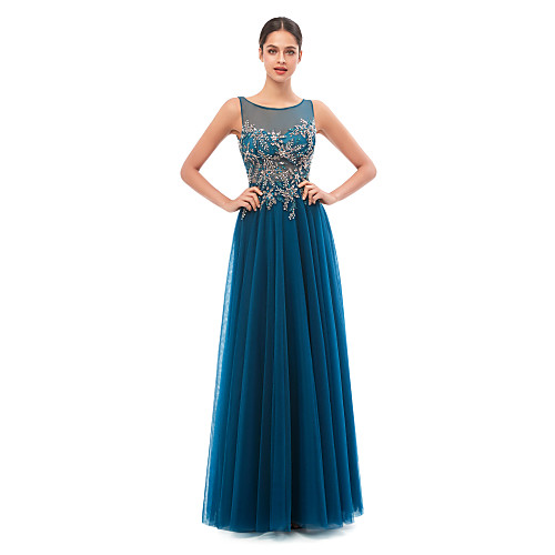 

A-Line Elegant Sexy Engagement Formal Evening Dress Illusion Neck Sleeveless Floor Length Sequined with Sequin 2021