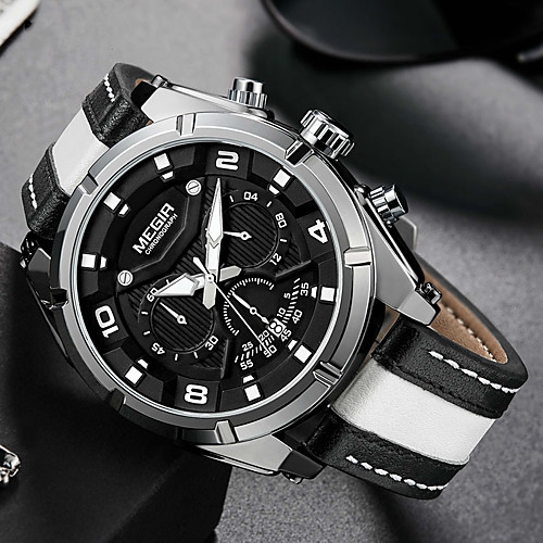 

men's casual chronograph quartz watches fashion leather strap luminous hands watch man luxury military sports wristwatch white