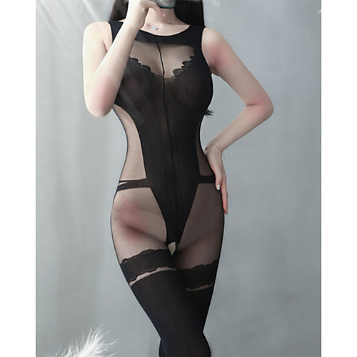 

Women's Lace Mesh Suits Bodysuits Nightwear Solid Colored Black S M L
