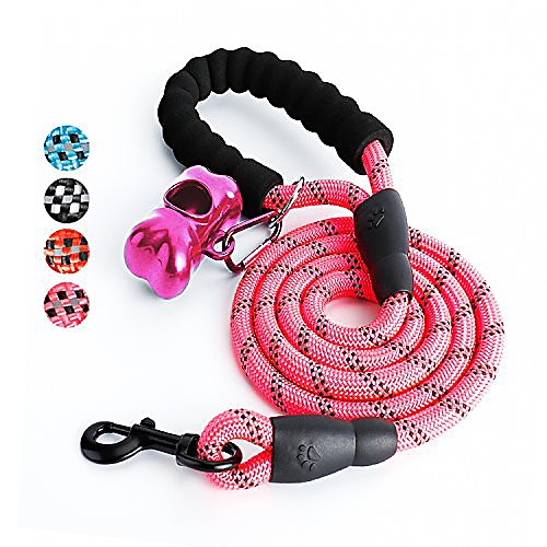 

5 ft dog leash, rope leash with comfortable padded handle and reflective threads, heavy duty braided leash for medium large dogs, pink