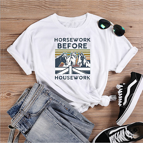 

Women's T-shirt Animal Letter Print Round Neck Tops 100% Cotton Basic Basic Top White Black Blushing Pink