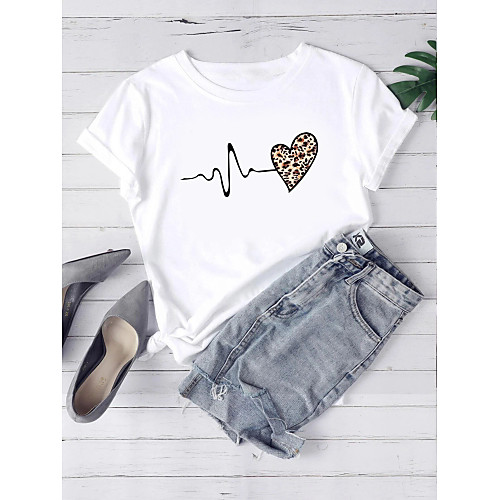 

Women's T-shirt Leopard Heart Graphic Prints Print Round Neck Tops 100% Cotton Basic Basic Top White