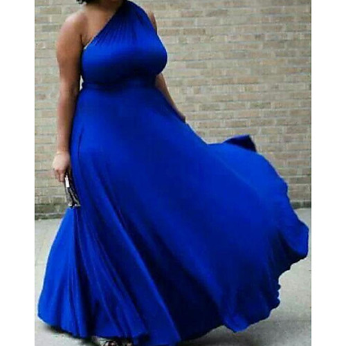 

A-Line Plus Size Sexy Wedding Guest Formal Evening Dress One Shoulder Sleeveless Court Train Satin with Pleats 2021