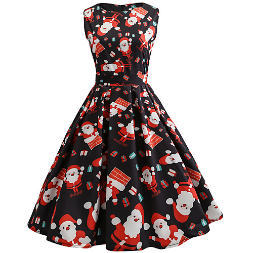

Women's A Line Dress Knee Length Dress Black Red Green Sleeveless Print Print Fall Summer Round Neck Hot Vintage Christmas 2021 S M L XL XXL
