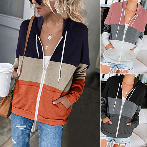 

Women's Zip Up Hoodie Coat Patchwork Front Zipper Hoodie Cotton Color Block Sport Athleisure Top Long Sleeve Warm Soft Oversized Comfortable Everyday Use Daily General Use