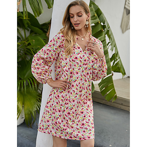 

Women's Shift Dress Short Mini Dress Blushing Pink Long Sleeve Floral Ruffle Print Fall Winter V Neck Casual Lantern Sleeve 2021 S M L XL