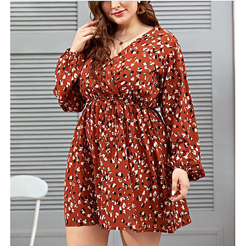 

Women's Sheath Dress Short Mini Dress Red Long Sleeve Polka Dot Print Summer V Neck Casual Cotton 2021 L XL XXL 3XL 4XL / Plus Size