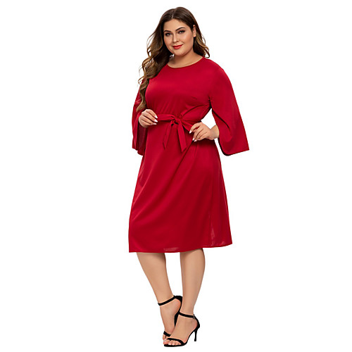 

Women's Shift Dress Knee Length Dress Red Green Long Sleeve Solid Color Fall Round Neck Elegant Flare Cuff Sleeve Cotton 2021 3XL 4XL 5XL 6XL / Plus Size