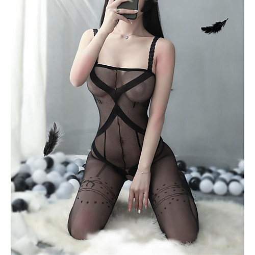 

Women's Mesh Bodysuits Nightwear Floral Solid Colored Black One-Size / Strap