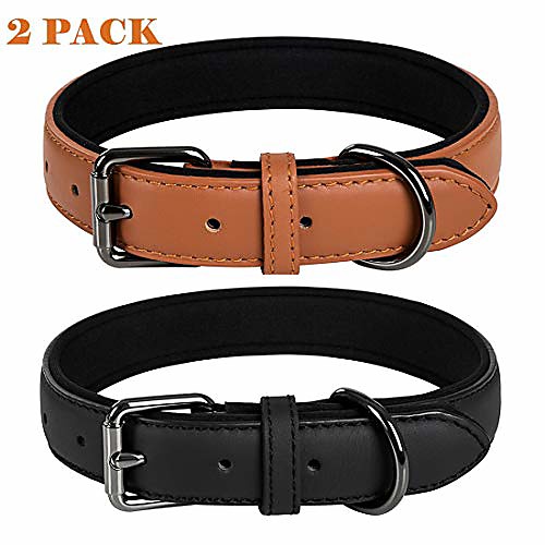 

2 pack genuine leather soft waterproof fabric padded dog collars,durable adjustable leather pet collars for small medium large dogs black red blue orange yellow brown (blackbrown)