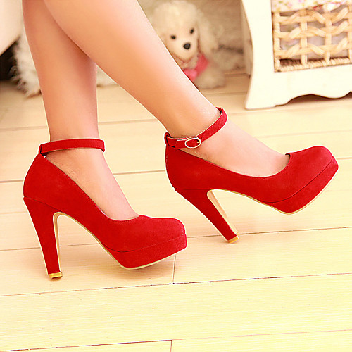 

Women's Heels Pumps Round Toe Daily Walking Shoes PU Buckle Solid Colored Black Red Blue