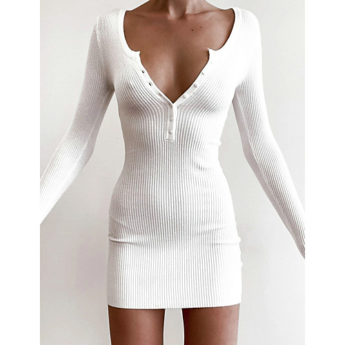 

Women's Sheath Dress Short Mini Dress White Black Long Sleeve Solid Color Fall V Neck Hot Sexy 2021 S M L XL