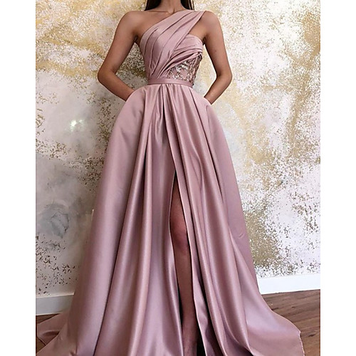 

A-Line Minimalist Sexy Wedding Guest Formal Evening Valentine's Day Dress One Shoulder Sleeveless Sweep / Brush Train Satin with Pleats Split 2021