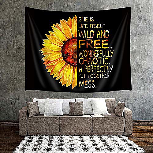 

80x60, large size sunflower wall tapestry natural floral print oil painting artwork with half sunflower half motivational words tapestry wall hanging home decor for living room bedroom wall blanket