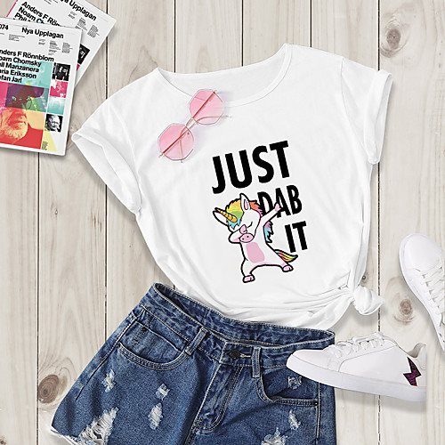

Women's Going out T-shirt Animal Cartoon Letter Print Round Neck Tops Basic Basic Top White