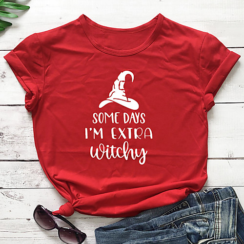 

Women's Halloween Witch T shirt Graphic Graphic Prints Letter Print Round Neck Tops 100% Cotton Basic Halloween Basic Top White Black Purple