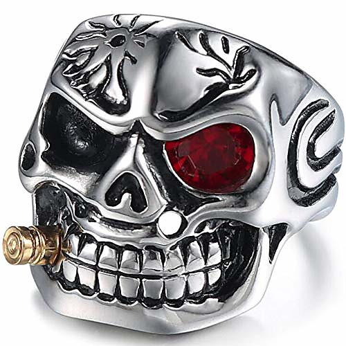 

vintage stainless steel gothic skull smoking bullet biker cocktail party ring (red stone, 5)