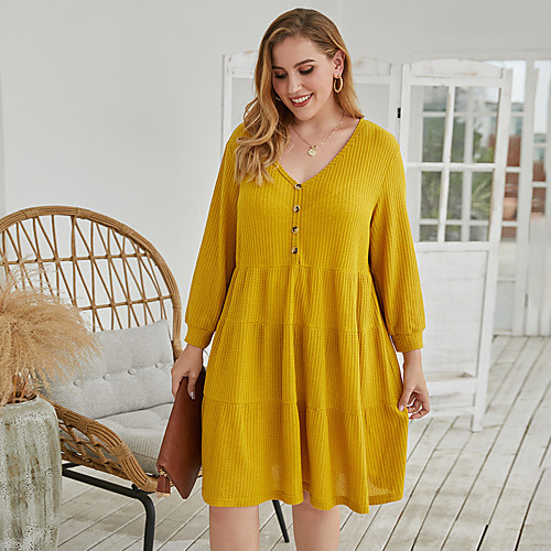 

Women's A Line Dress Knee Length Dress Yellow Green Gray Long Sleeve Solid Color Ruched Button Fall V Neck Casual 2021 XL XXL 3XL 4XL / Plus Size