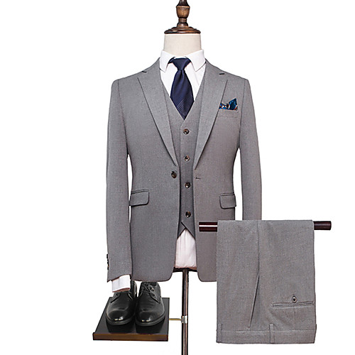 

Black / Gray Solid Colored Standard Fit Polyester Suit - Notch Single Breasted One-button