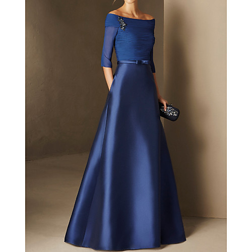 

A-Line Minimalist Elegant Engagement Formal Evening Dress Off Shoulder Half Sleeve Floor Length Chiffon Satin with Ruched 2021