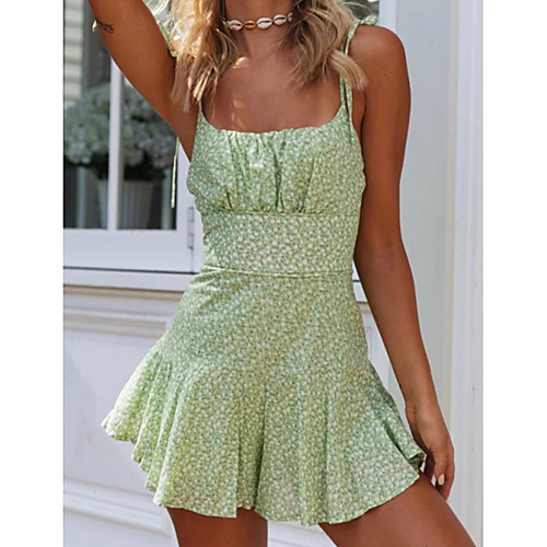 

Women's Light Green Light Blue Romper Color Block Floral