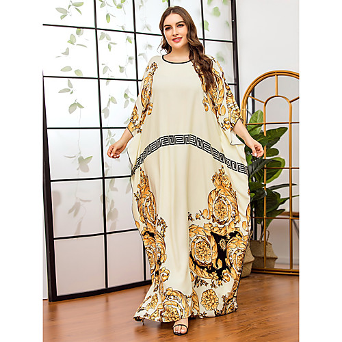 

Women's Swing Dress Maxi long Dress Beige Long Sleeve Print Print Fall Summer Round Neck Casual Batwing Sleeve Cotton Oversized 2021 One-Size / Plus Size