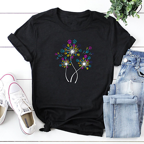 

Women's T-shirt Floral Flower Print Round Neck Tops 100% Cotton Basic Basic Top White Black Blushing Pink