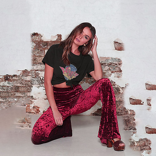 

Women's Basic Breathable Velvet Slim Daily Wide Leg Pants Solid Colored Full Length High Waist Black Red