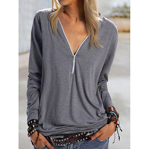 

Women's T shirt Solid Colored Long Sleeve Patchwork Quarter Zip V Neck Tops Basic Basic Top Blue Purple Khaki