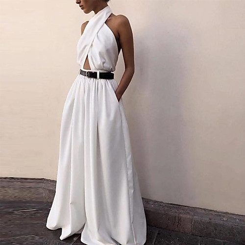 

Women's Basic White Jumpsuit Solid Colored Backless Criss Cross