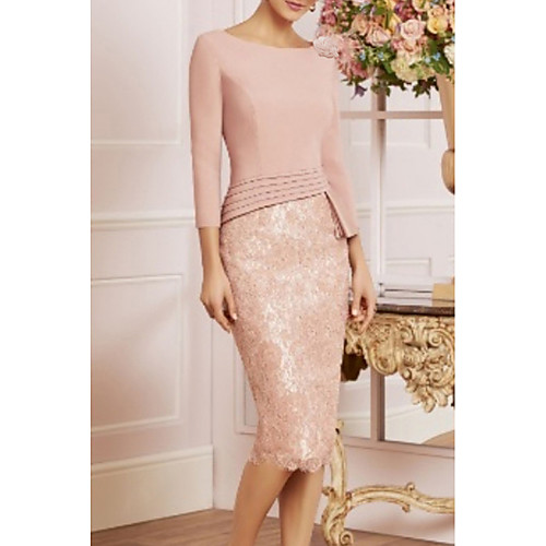 

Sheath / Column Mother of the Bride Dress Plus Size Elegant Vintage Jewel Neck Knee Length Lace 3/4 Length Sleeve with Lace Ruffles Appliques 2021