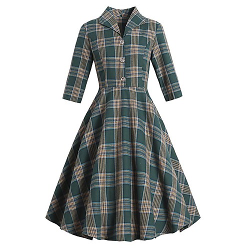 

Women's A Line Dress Knee Length Dress Green 3/4 Length Sleeve Plaid Button Print Summer Shirt Collar Hot Elegant Vintage 2021 S M L XL XXL