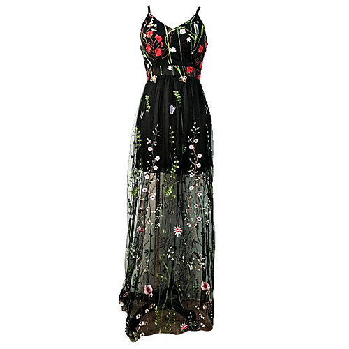 

Women's Strap Dress Maxi long Dress Black Sleeveless Floral Embroidered Spring Off Shoulder Hot Elegant 2021 S M L XL