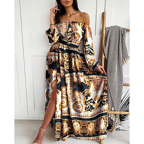 

Women's Swing Dress Maxi long Dress Blushing Pink Long Sleeve Print Split Patchwork Print Fall Off Shoulder Sexy 2021 S M L XL XXL