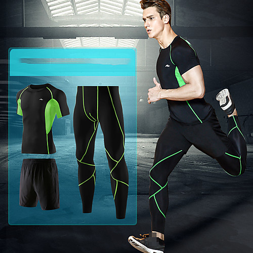 

TRYSIL Men's Activewear Set Compression Suit Athletic 3pcs Summer Short Sleeve Nylon Thermal Warm Moisture Wicking Quick Dry Fitness Gym Workout Running Jogging Training Sportswear Black Blue Grey