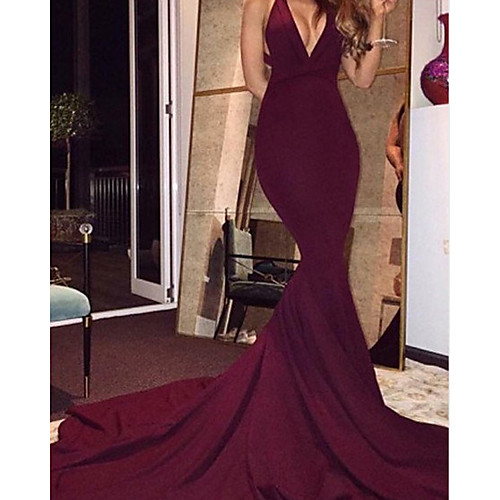 

Mermaid / Trumpet Beautiful Back Sexy Wedding Guest Formal Evening Dress V Neck Sleeveless Court Train Spandex with Sleek 2021