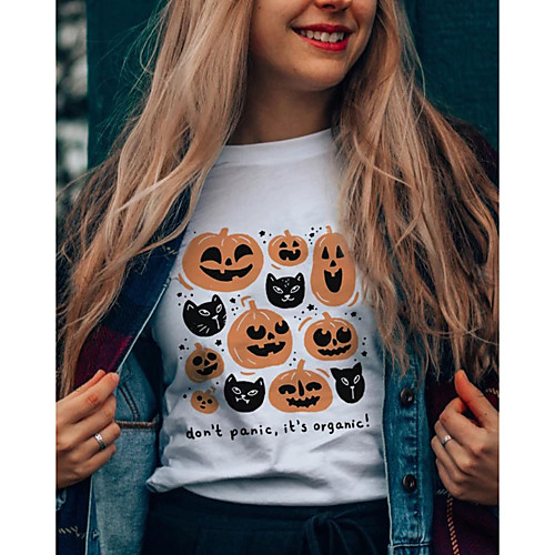 

Women's Halloween T shirt Graphic Graphic Prints Pumpkin Print Round Neck Tops 100% Cotton Basic Halloween Basic Top White
