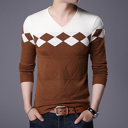 

Men's Basic Knitted Color Block Pullover Long Sleeve Sweater Cardigans V Neck Winter White Yellow Wine