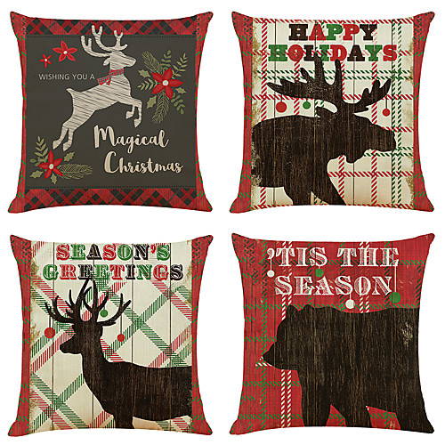 

Set of 4 Retro Xmas Linen Square Decorative Throw Pillow Cases Sofa Cushion Covers 18x18