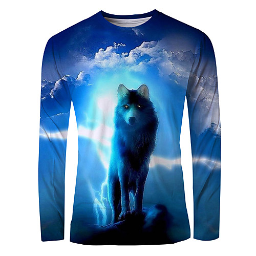 

Men's T shirt 3D Print Graphic Animal Print Long Sleeve Daily Tops Basic Elegant Blue