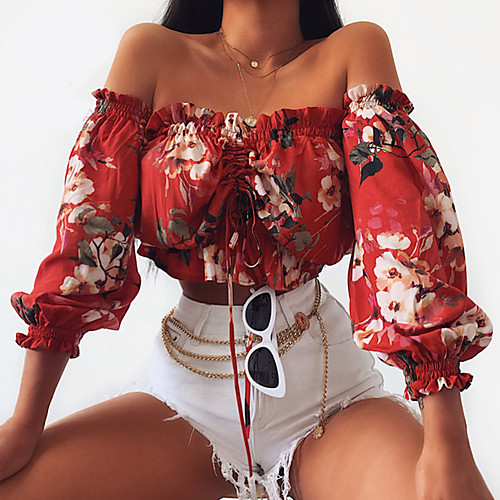 

Women's Going out Blouse Shirt Floral Flower Long Sleeve Print Off Shoulder Tops Sexy Basic Top Red / Crop