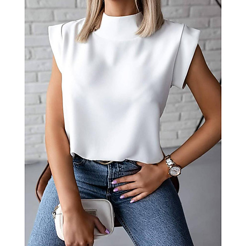 

Women's Work Blouse Shirt Solid Colored Patchwork Standing Collar Tops Business Basic Basic Top White Black Blushing Pink
