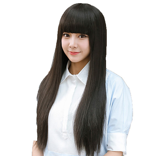 

Synthetic Wig Straight Natural Straight Neat Bang Wig Very Long Black Synthetic Hair 28 inch Women's Classic Adorable Wedding Black